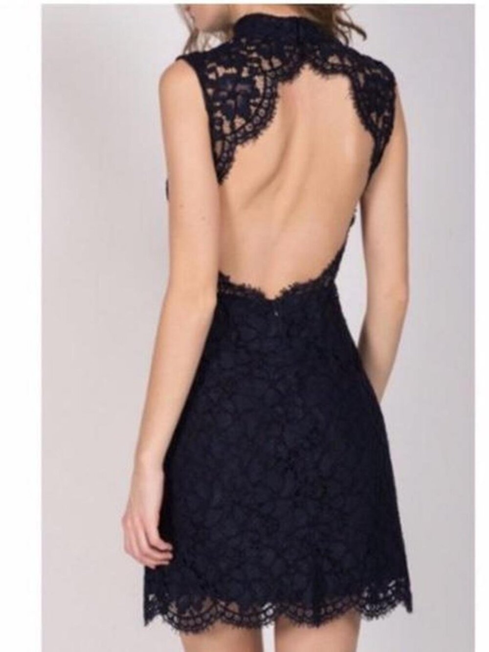 Sandro Black lace mini dress with high neck and scalloped hem open back